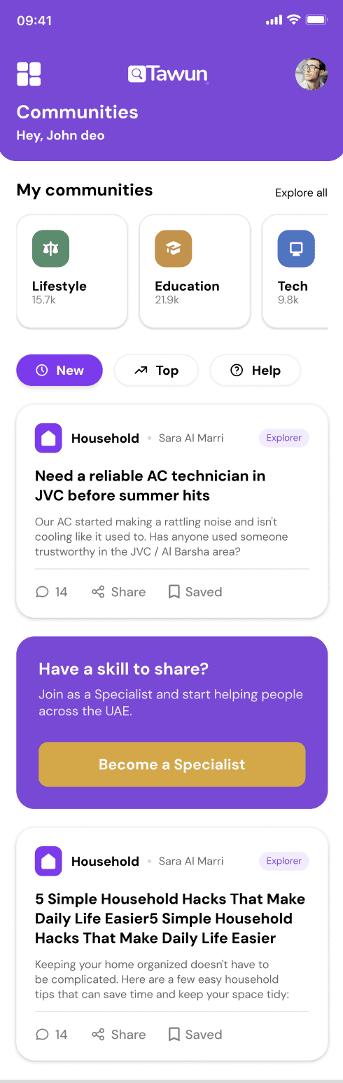 Tawun app community screen showing verified Specialist profiles
