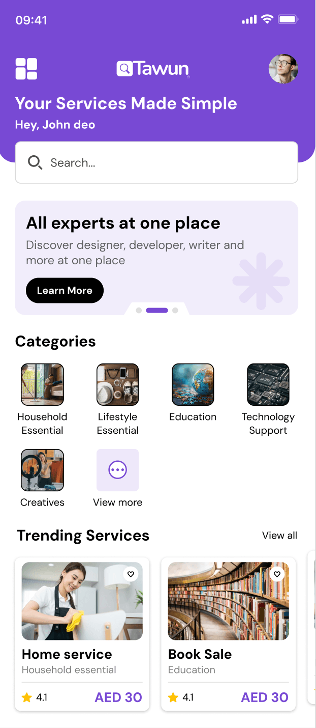 Tawun app home screen showing Specialist profiles
